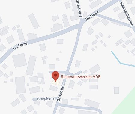 Een kaart met een rode locatieaanduiding voor Renovatiewerken VDB in de Grootreesstraat, vlakbij de kruising met De Hese.