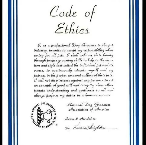 A copy of the code of ethics for a professional dog groomer