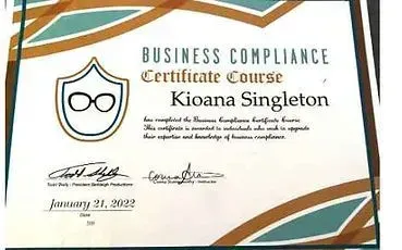A certificate for a business compliance certificate course
