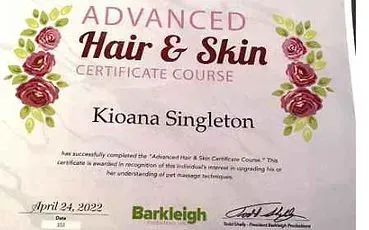 A certificate for an advanced hair and skin certificate course.