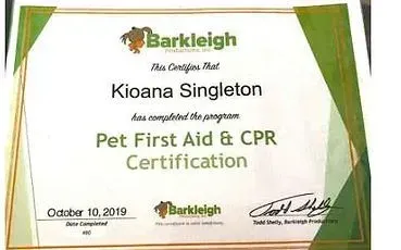 A certificate for a pet first aid and cpr certification