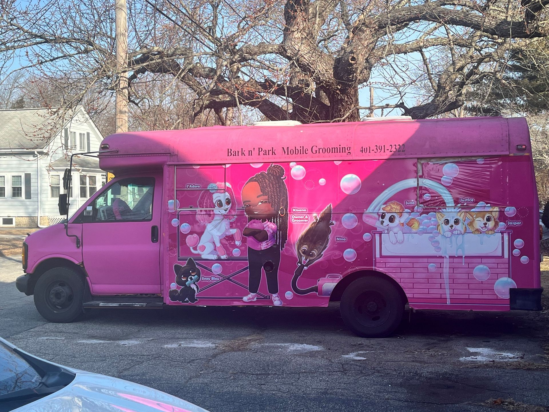 A pink van is parked on the side of the road.