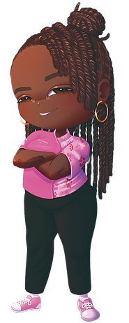 A little girl with braids is wearing a pink shirt and black pants.