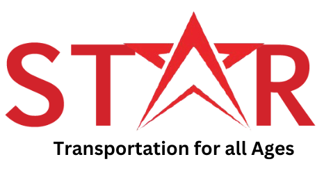 The logo for star transportation for all ages is red and white.