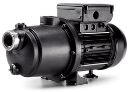 A black water pump is sitting on a white surface.