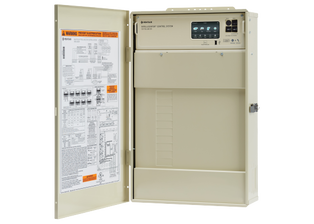 A white box with the door open and a warning label on it.