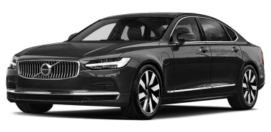 A grayscale Volvo S90 sedan, angled slightly, showcasing its front and side profile against a white background.