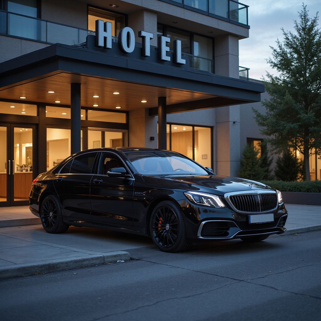 Black sedan parked in front of a hotel entrance with