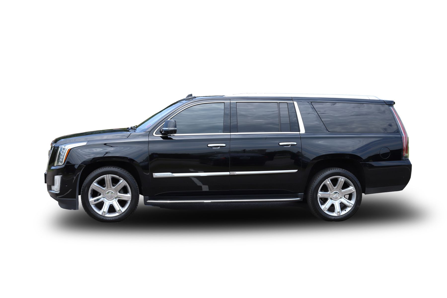 Black SUV, likely a Cadillac Escalade, parked on a white background.