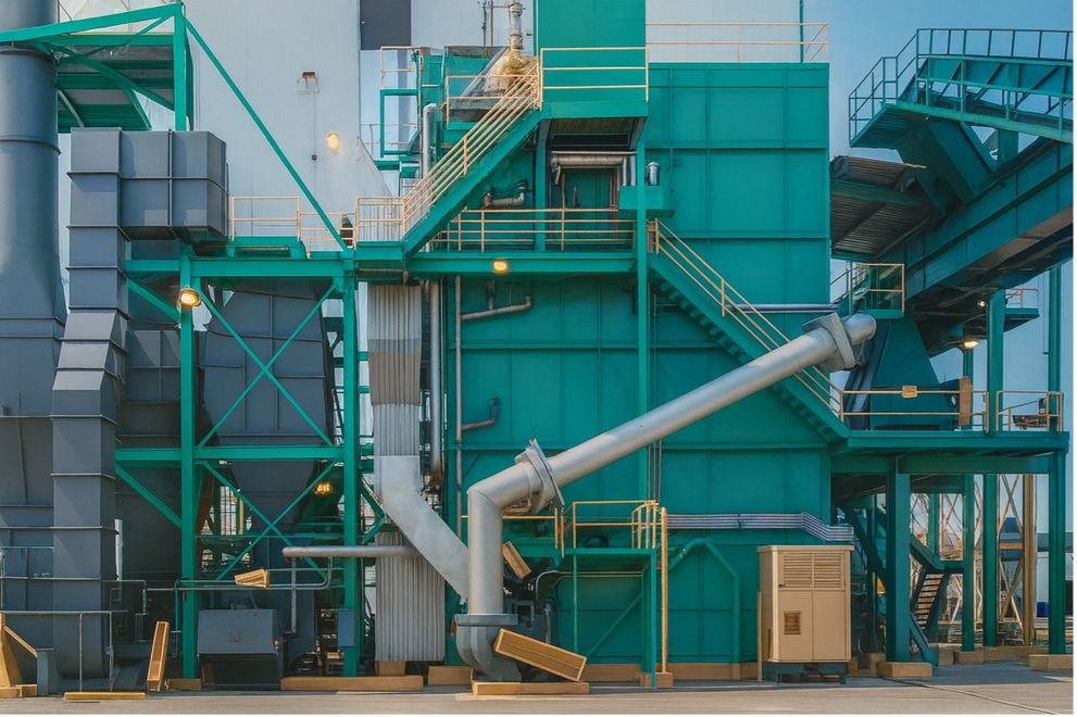Green industrial processing facility with pipes, stairs, and support structures.