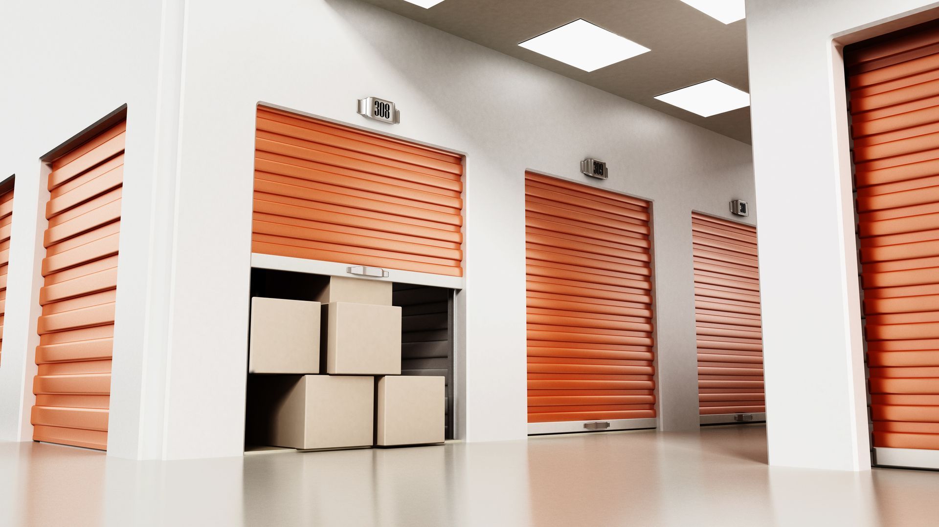 A row of storage units with boxes in them.