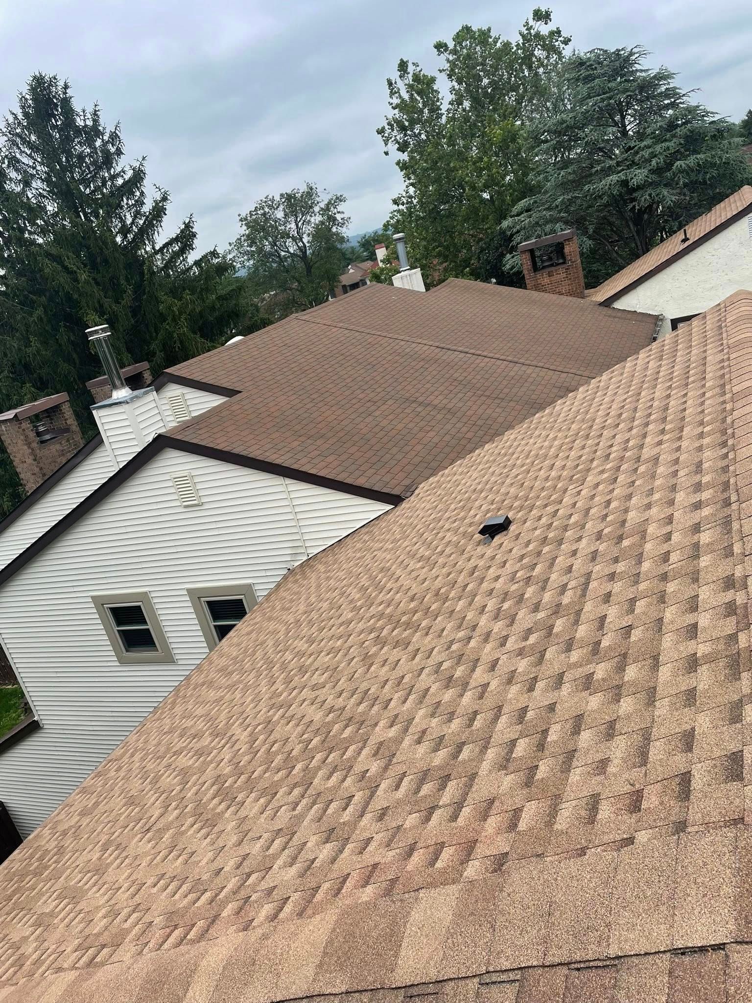 Brown shingle roofs of houses under a cloudy sky, some with chimneys and trees in the background.