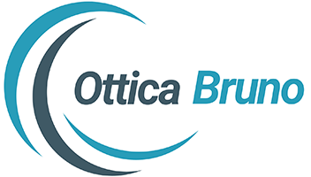 Logo di Ottica Bruno con grafica a forma di swoosh blu e grigia su sfondo bianco.