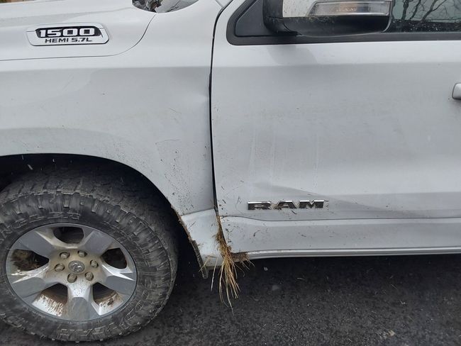 A white ram truck is parked on the side of the road