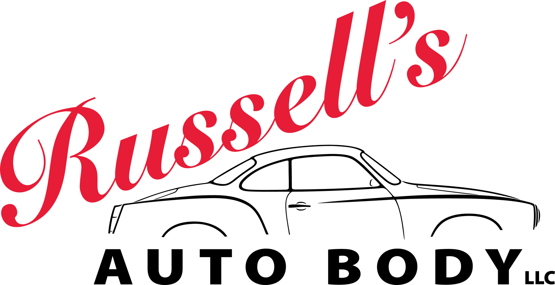 The logo for russell 's auto body llc shows a drawing of a car.