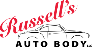 The logo for russell 's auto body llc shows a drawing of a car.