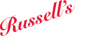 The logo for russell 's is red on a white background.