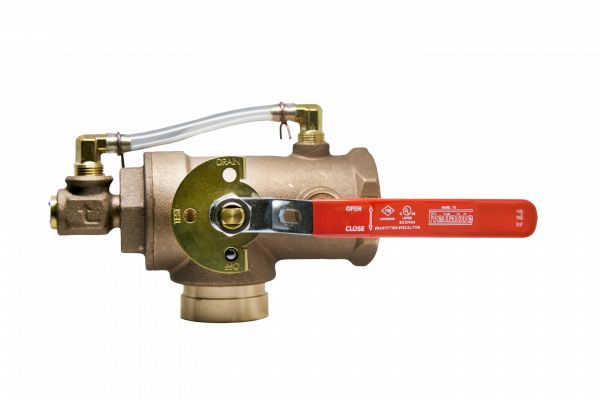 A brass ball valve with a red handle on a white background.