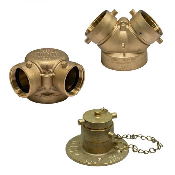 Three different brass fittings are shown on a white background