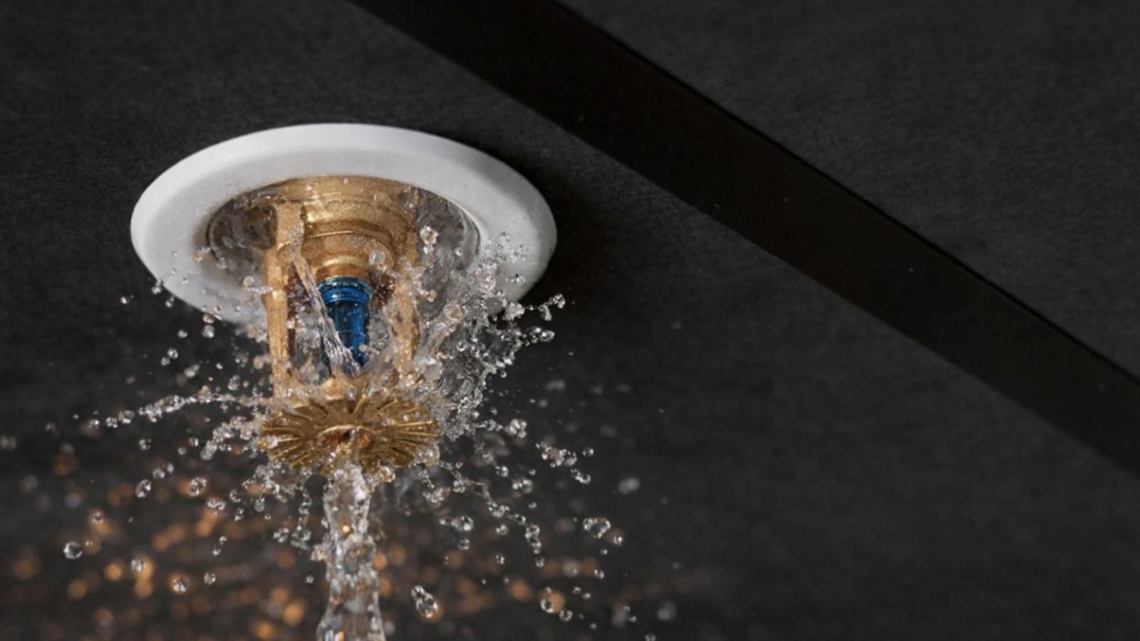 fire sprinklers are required Water spraying from a ceiling-mounted fire sprinkler head against a dark ceiling.