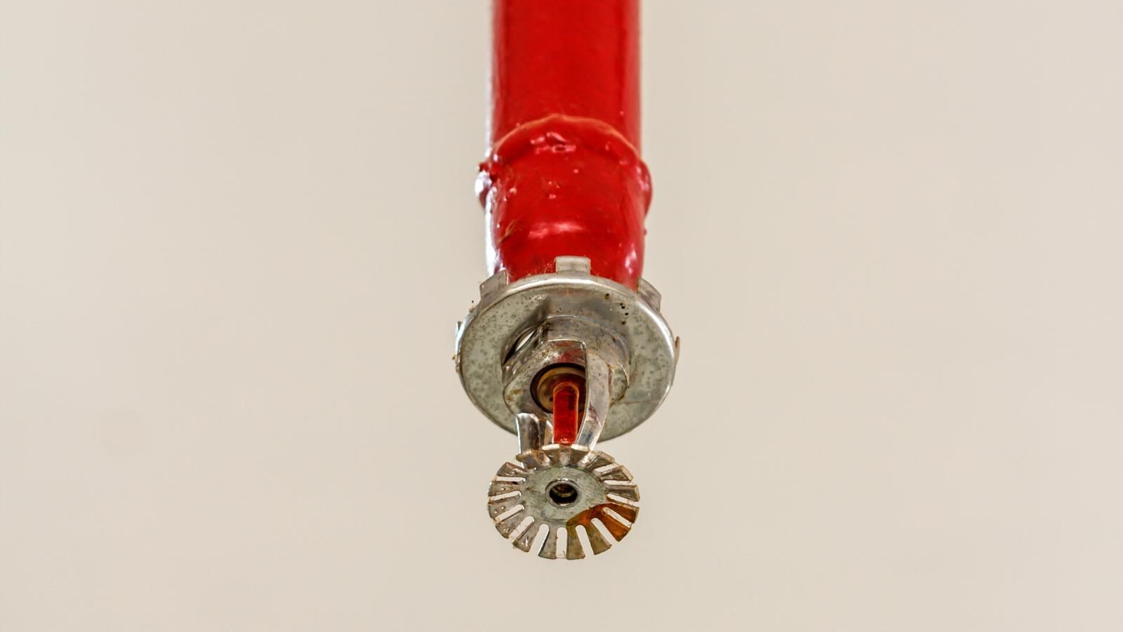 Red fire sprinkler head attached to red pipe, against a white ceiling.