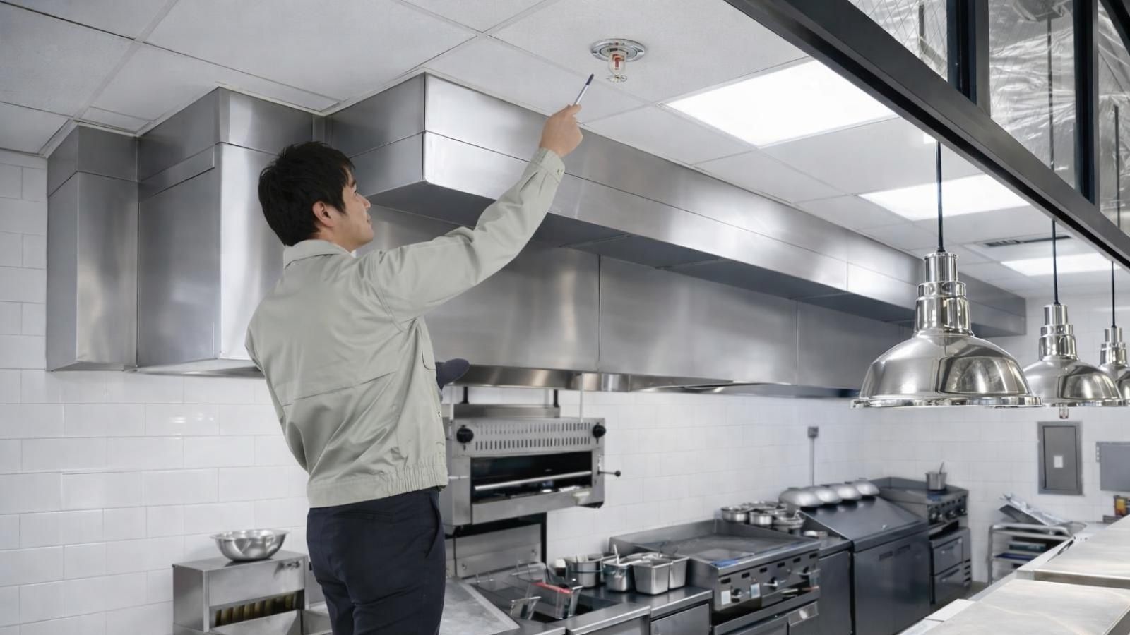 Man on a step stool inspects a ceiling fire sprinkler in a commercial kitchen with stainless steel appliances.