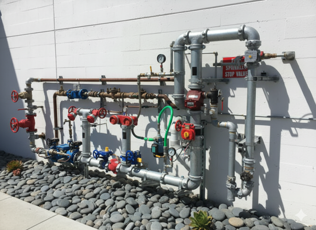 Exterior water pipe system on a white building wall with various valves and gauges, set on a bed of river rocks.