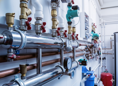 Piping and valves, copper and chrome, in a utility room.
