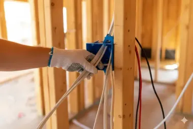 Hand in glove holding electrical wires and box in wooden framed construction.