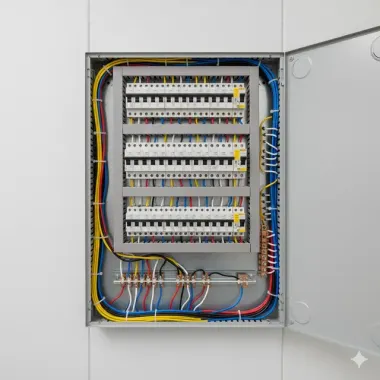 Electrical panel with colorful wires and circuit breakers.