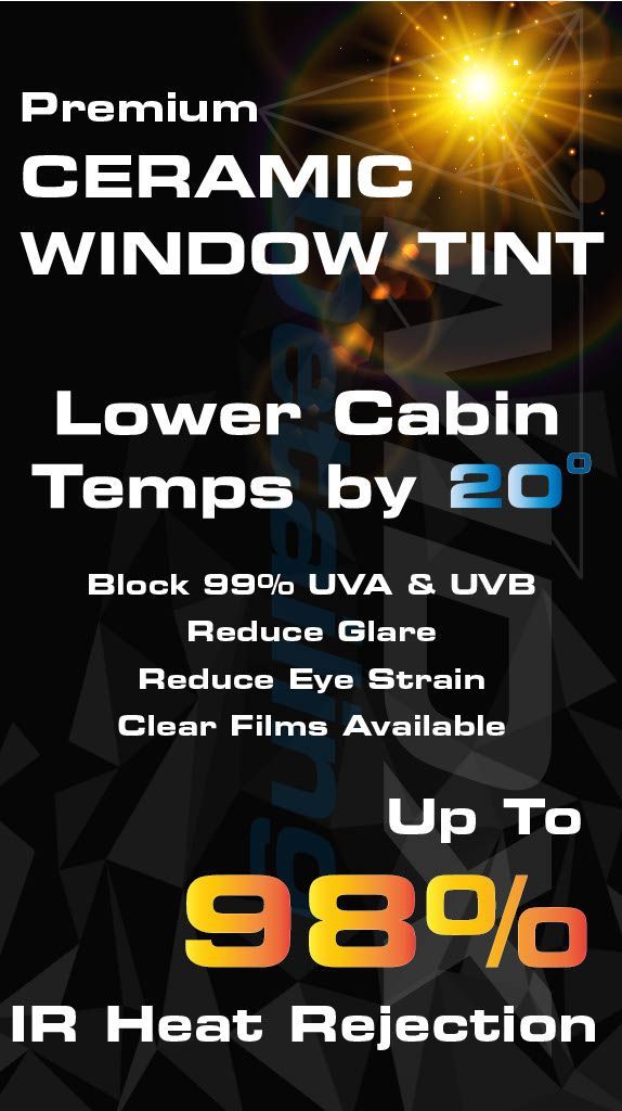 Advertisement for ceramic window tint, showing its benefits: lower cabin temps, UVA/UVB protection, glare reduction, and IR heat rejection.
