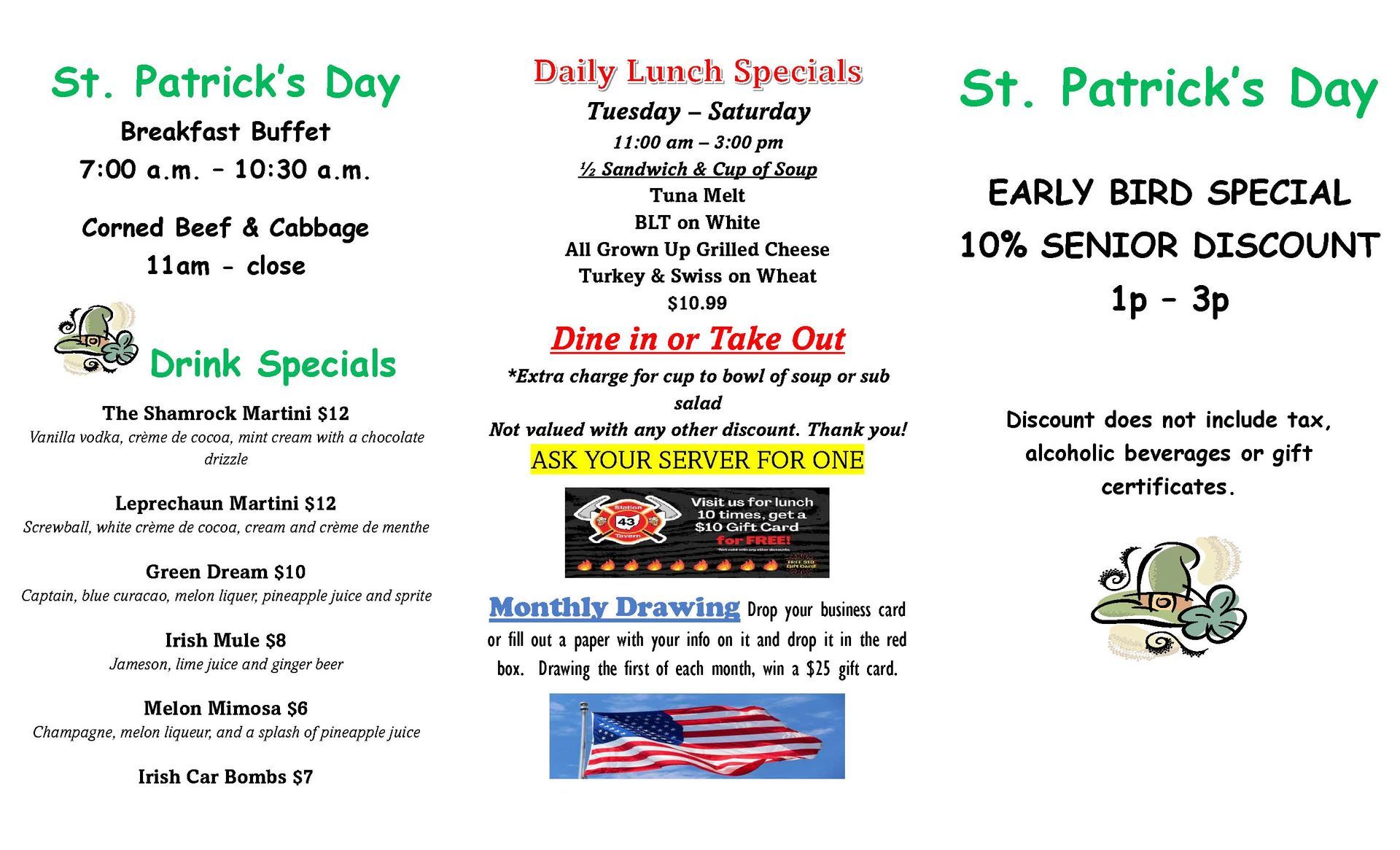 Restaurant menu board with daily lunch specials and food offers.