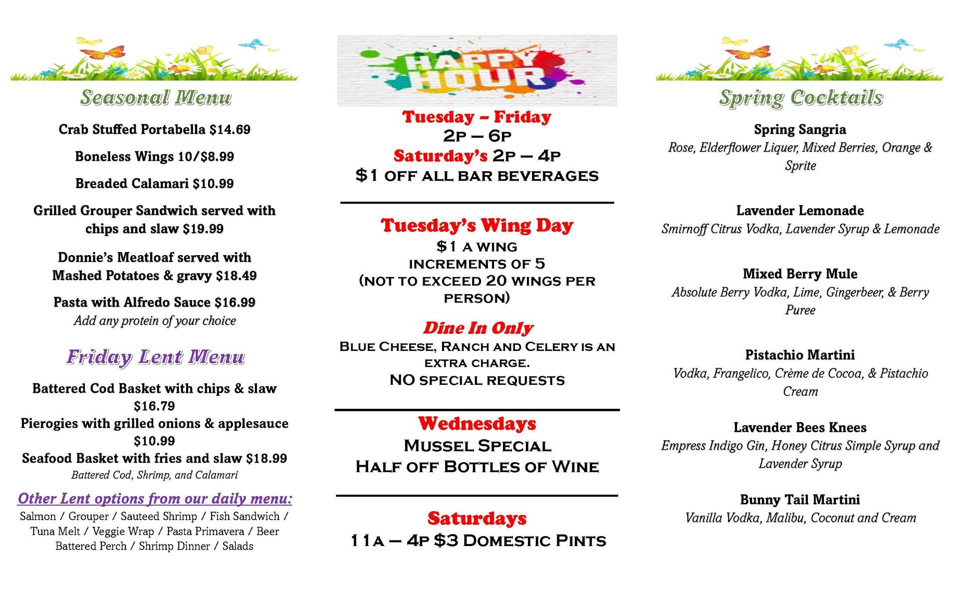 Menu for St. Patrick's Day with food and drink specials, and a patriotic image.