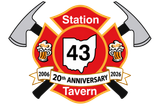 Fire station emblem with Ohio outline, crossed axes, mugs of beer, and