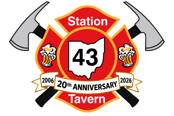 Fire station logo with crossed axes, Ohio outline, beer mugs, and text