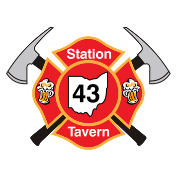 Fire station logo with crossed axes, Ohio outline, beer mugs, and text 