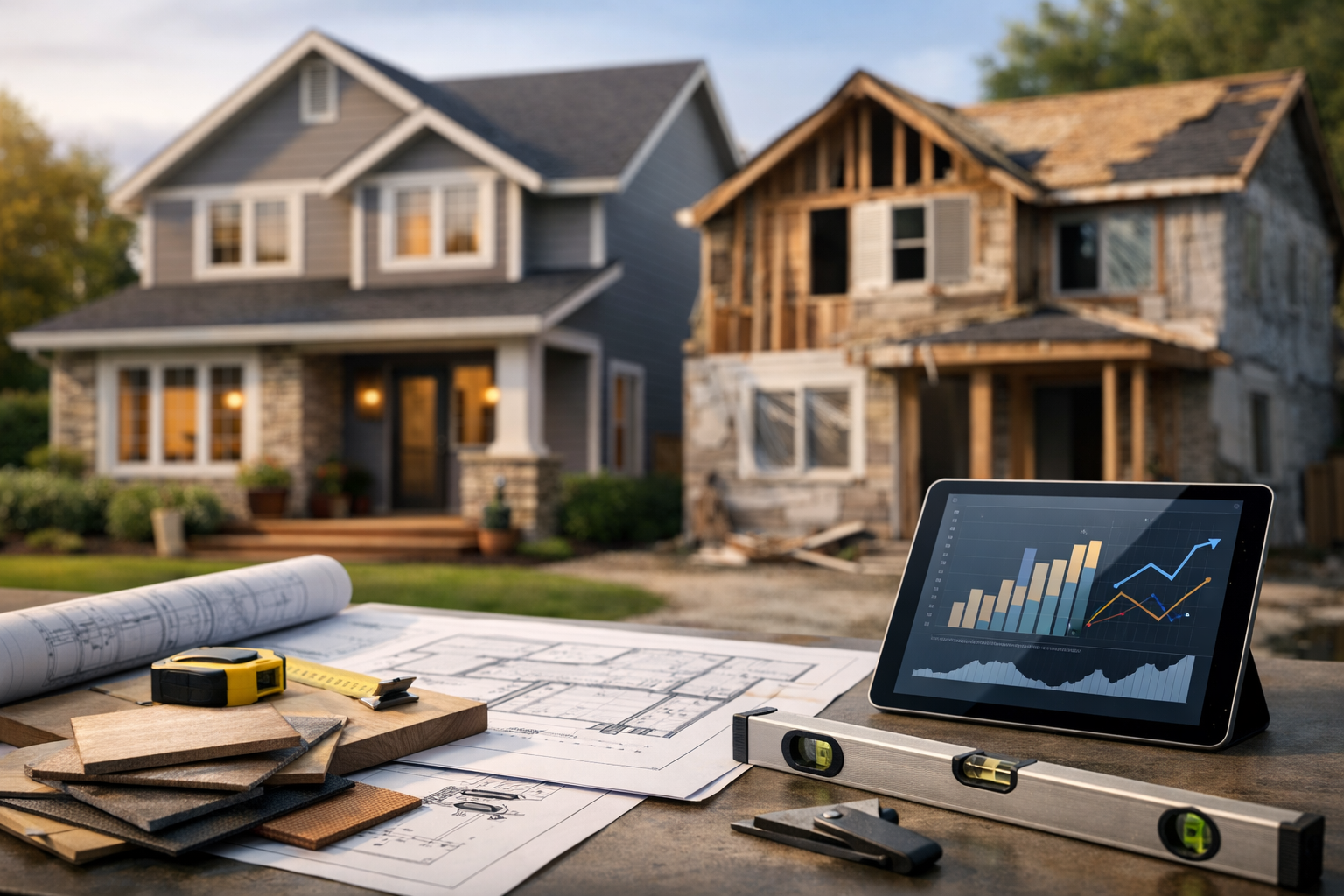 Two-story suburban house with gray siding, two-car garage, and wet street at dusk.
