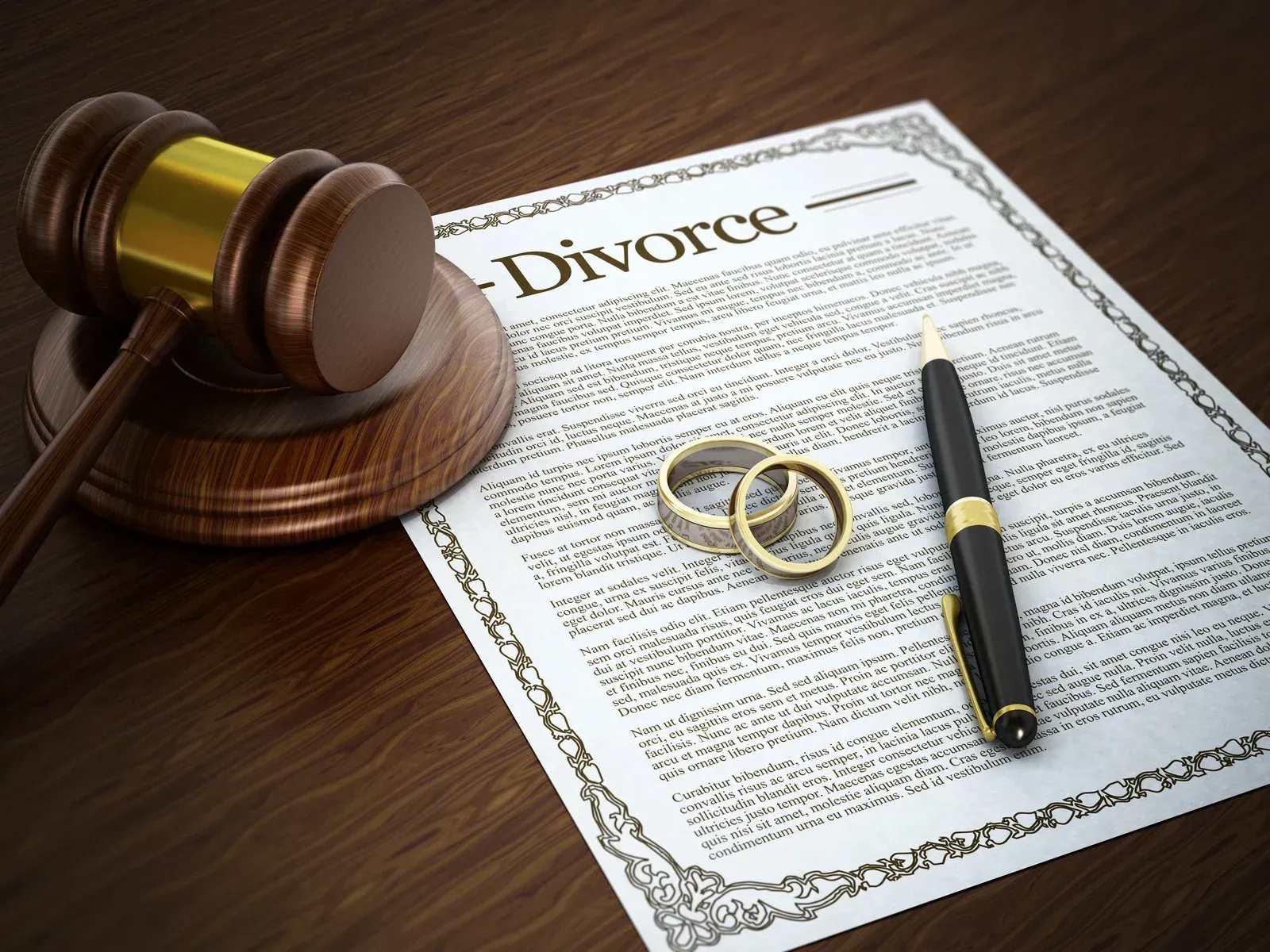 A gavel and divorce papers on a table, with wedding rings and a pen.