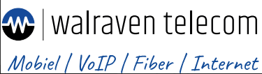 Logo van Walraven Telecom. Het logo bestaat uit een blauw-zwart symbool en de bedrijfsnaam. De diensten staan ​​eronder in blauw vermeld.
