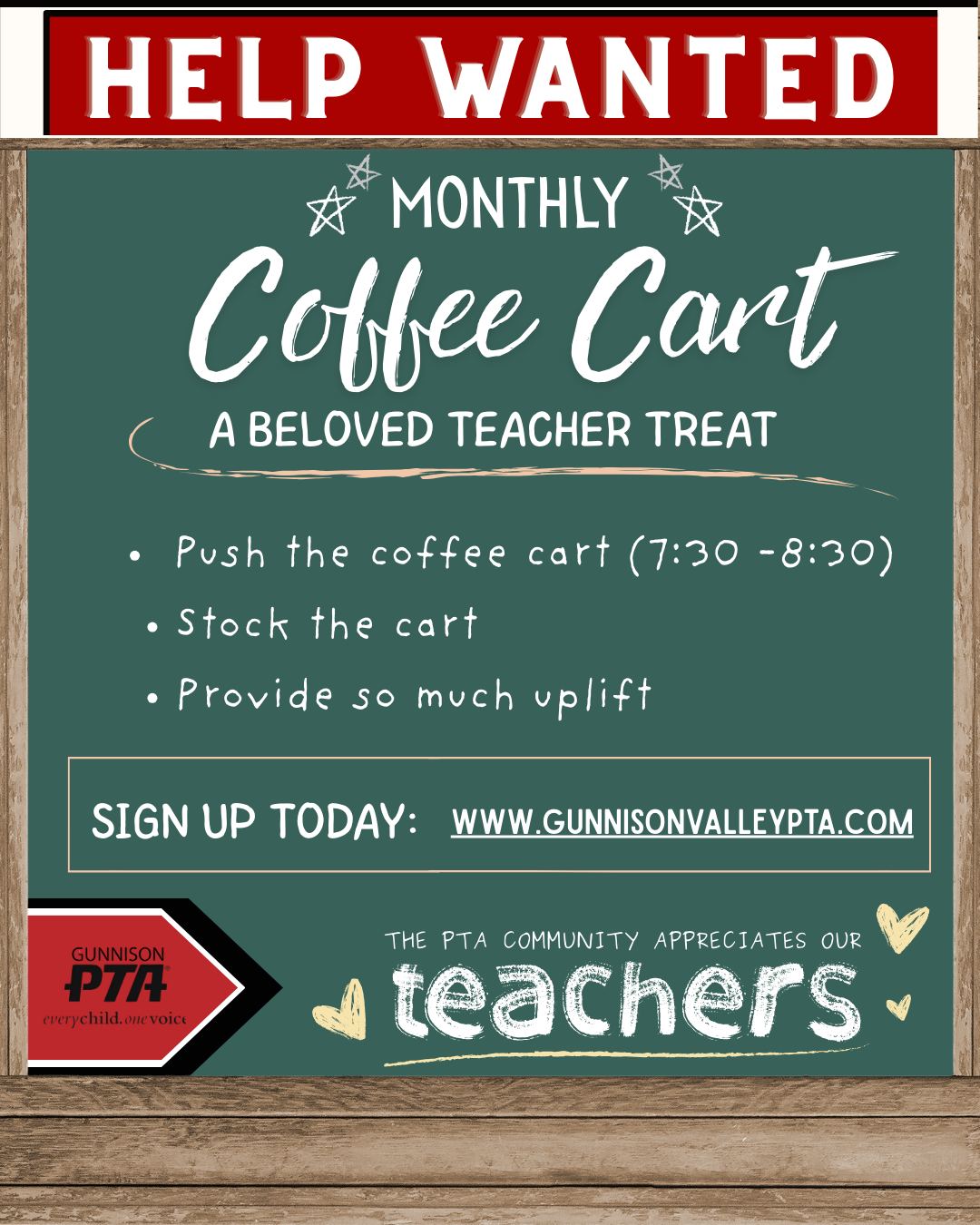 Poster: Help Wanted for a monthly coffee cart. 