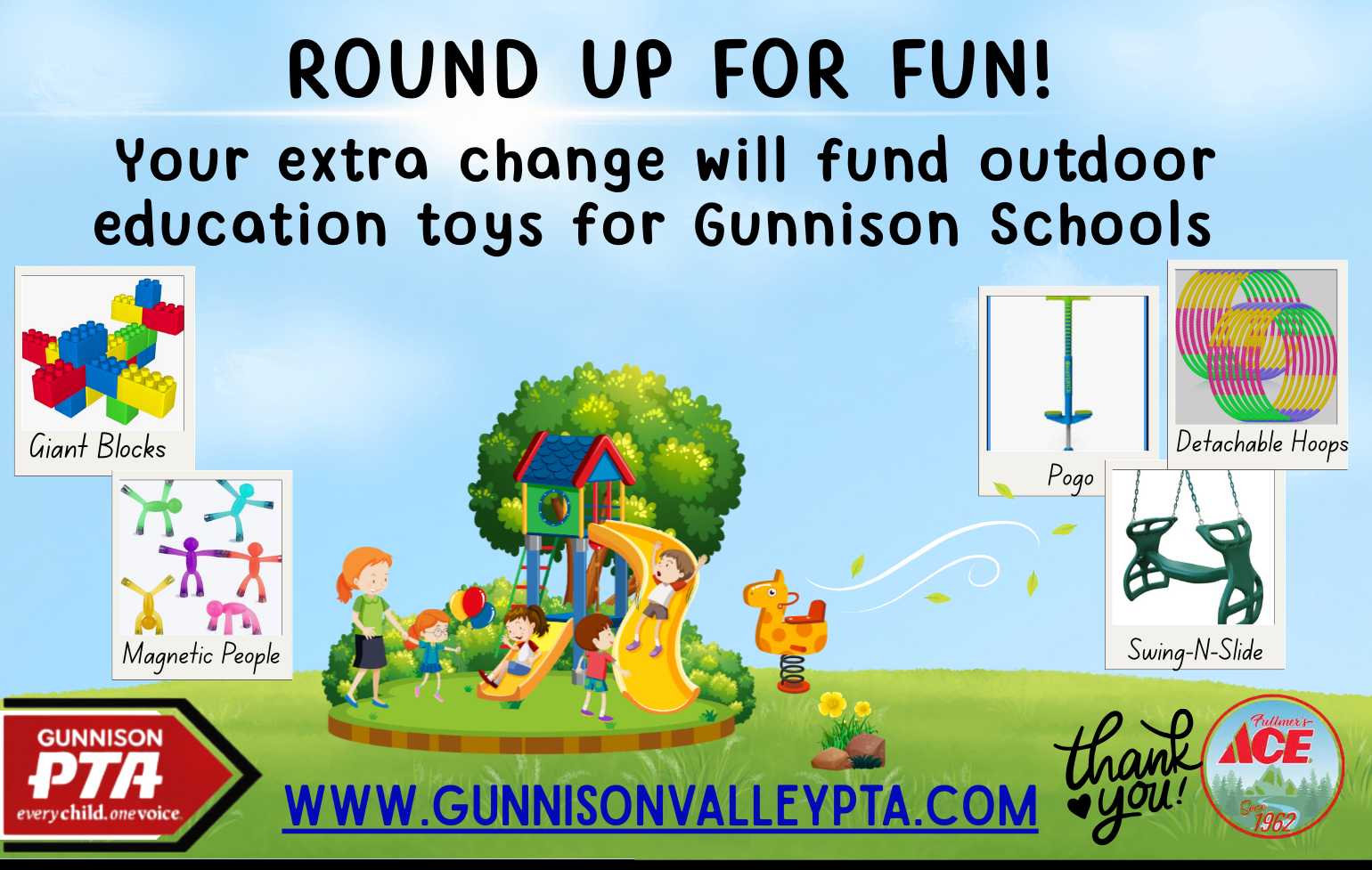 Flyer: "Round Up for Fun!" Funds outdoor education toys for Gunnison Schools. Children playing near a playground.
