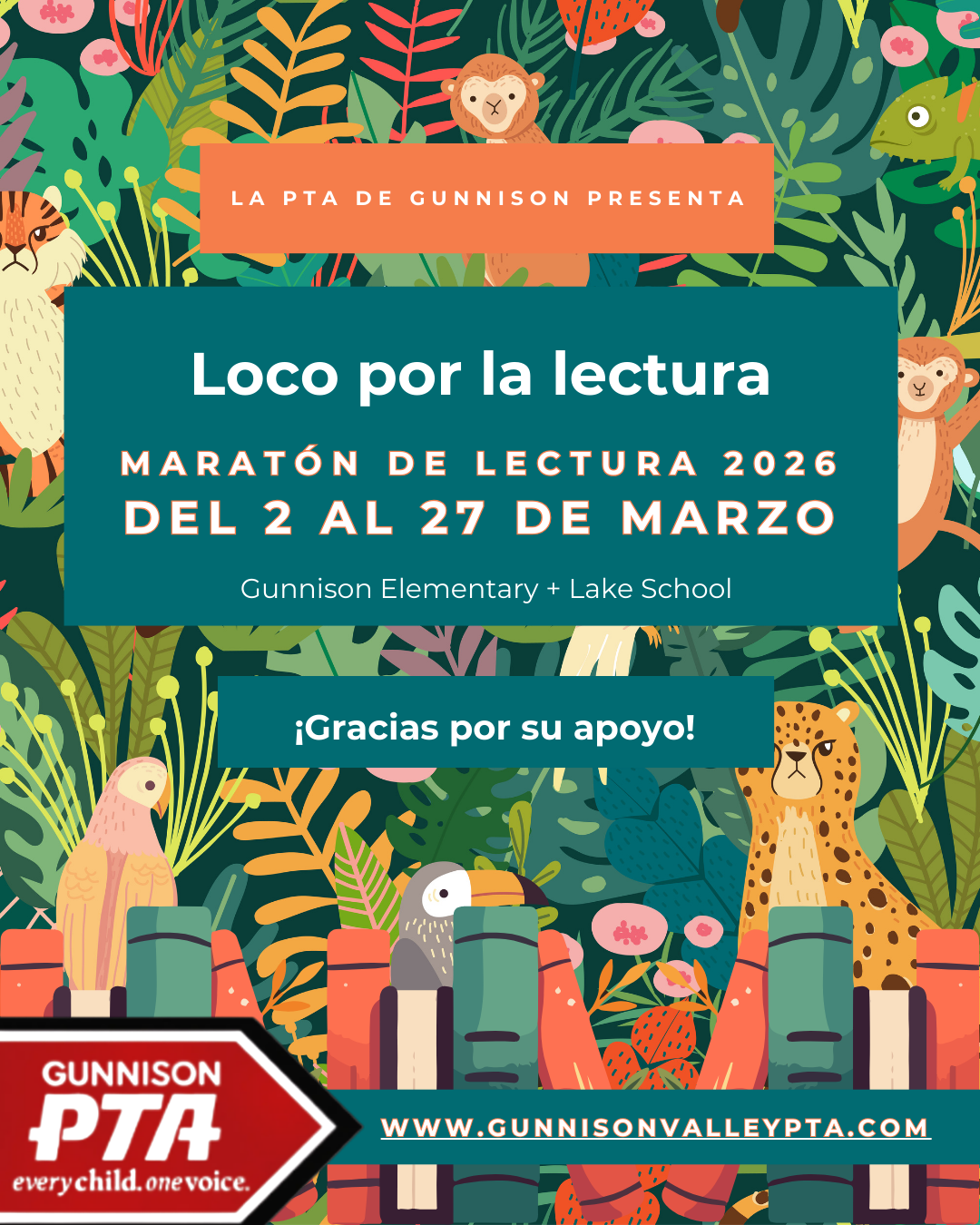 A jungle-themed poster for a 2026 reading marathon at Gunnison Elementary, held from March 2 to 27.