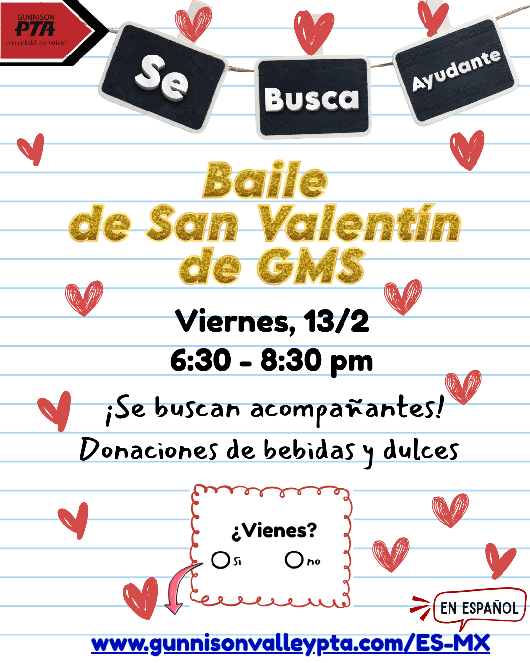 Valentine's Day dance flyer. Seeks chaperones & donations. Friday, Feb 13, 6:30-8:30pm.