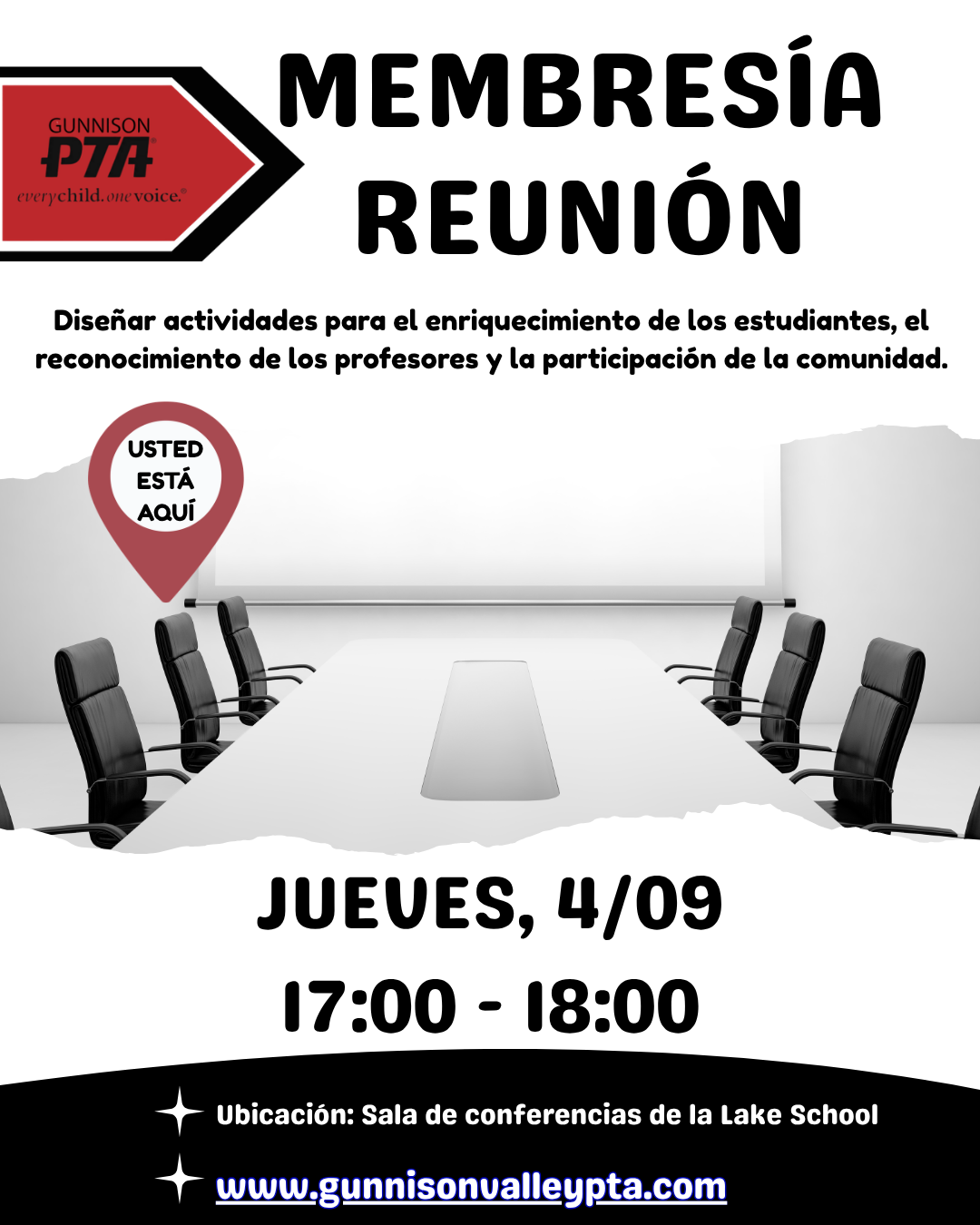 Flyer for a PTA membership meeting on Thursday, 4/09, 5-6 PM at the Lake School conference room. Includes a website link.