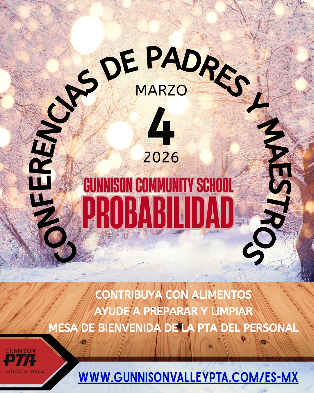 Parent-teacher conference flyer: March 4, 2026, Gunnison Community School, featuring 