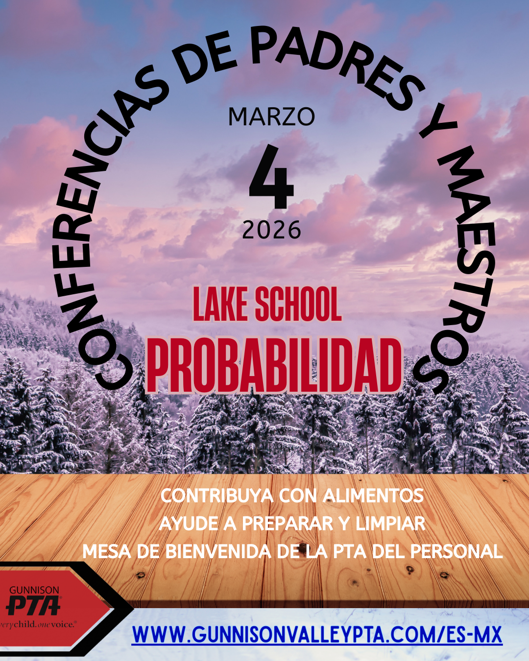 Flyer: Parent-teacher conferences at Lake School on March 4, 2026. Theme is Probability. PTA logo at the bottom.