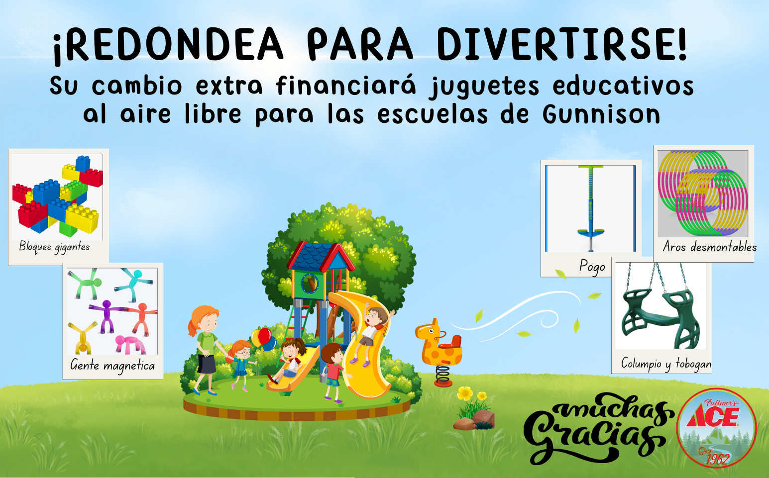 Promotion for educational outdoor toys. Children playing on a playground, text "Round Up for Fun" and "Thank you".