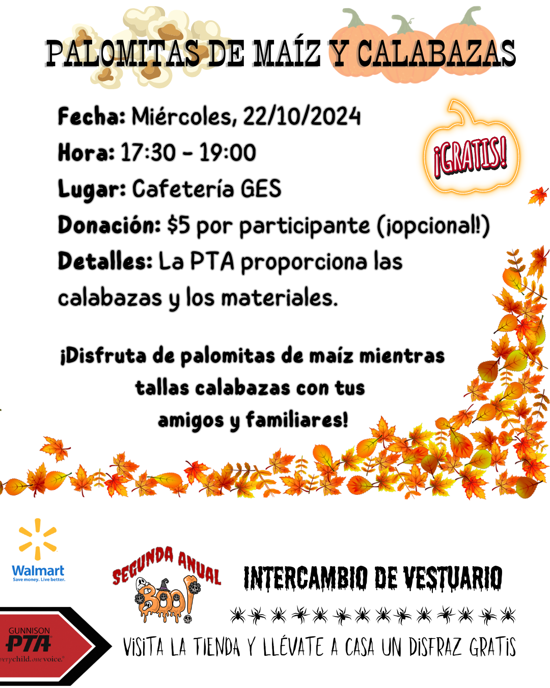 Flyer for a PTA event: popcorn and pumpkin carving on 10/22/2024 at Cafeteria GES. Donation $5.