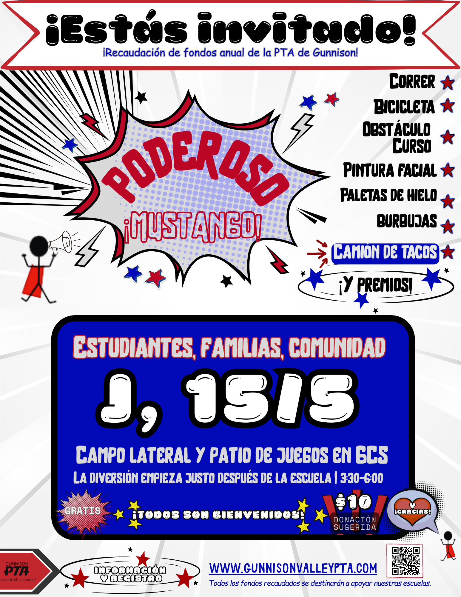 Poster inviting students, families, and the community to a fundraising event. It lists activities like running, biking, and obstacle courses.