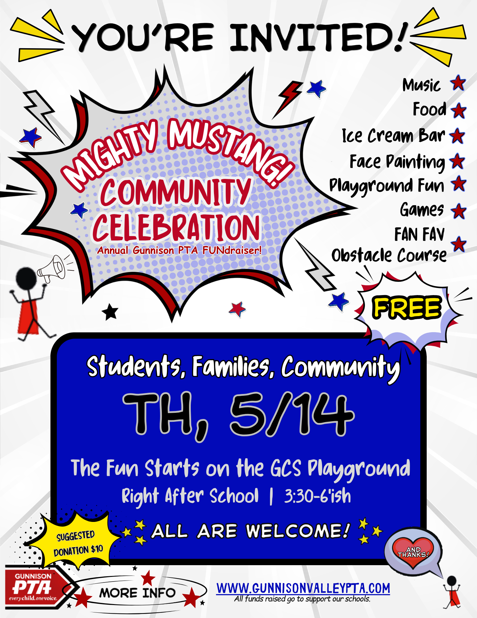 Event flyer for Mighty Mustang Community Celebration on Thursday, 5/14, featuring music, food, games, and free activities.
